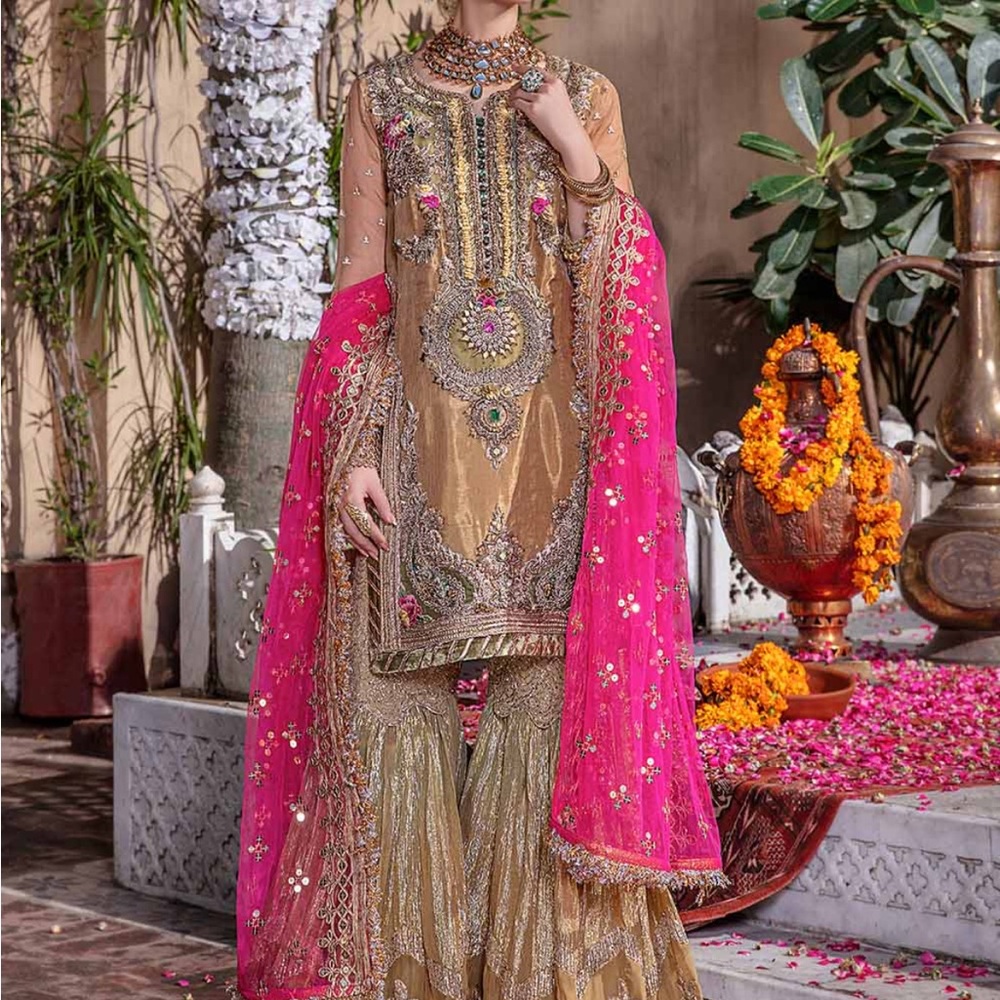 Gold and Pink Maxi Dress with Embellished Tiered Design for Bride